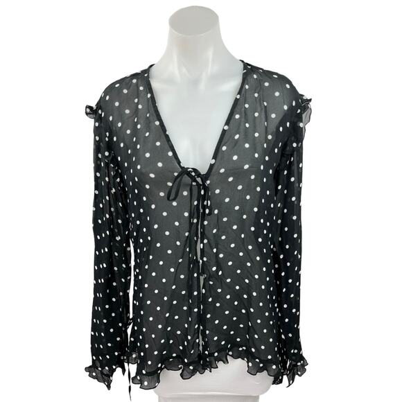 H&M Black Polka Dots V-neck Tie Front Ruffles Long Sleeve Sheer Blouse Top Sz S - Picture 1 of 4
